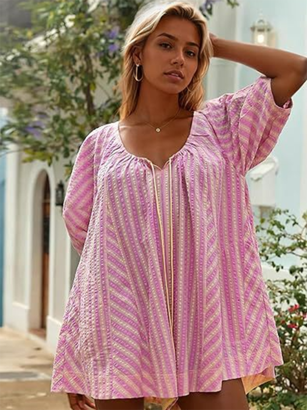 Blue Zone Planet | Short-Sleeved Striped Jumpsuit, Slim And , Loose Deep V Wide-Leg Short Jumpsuit