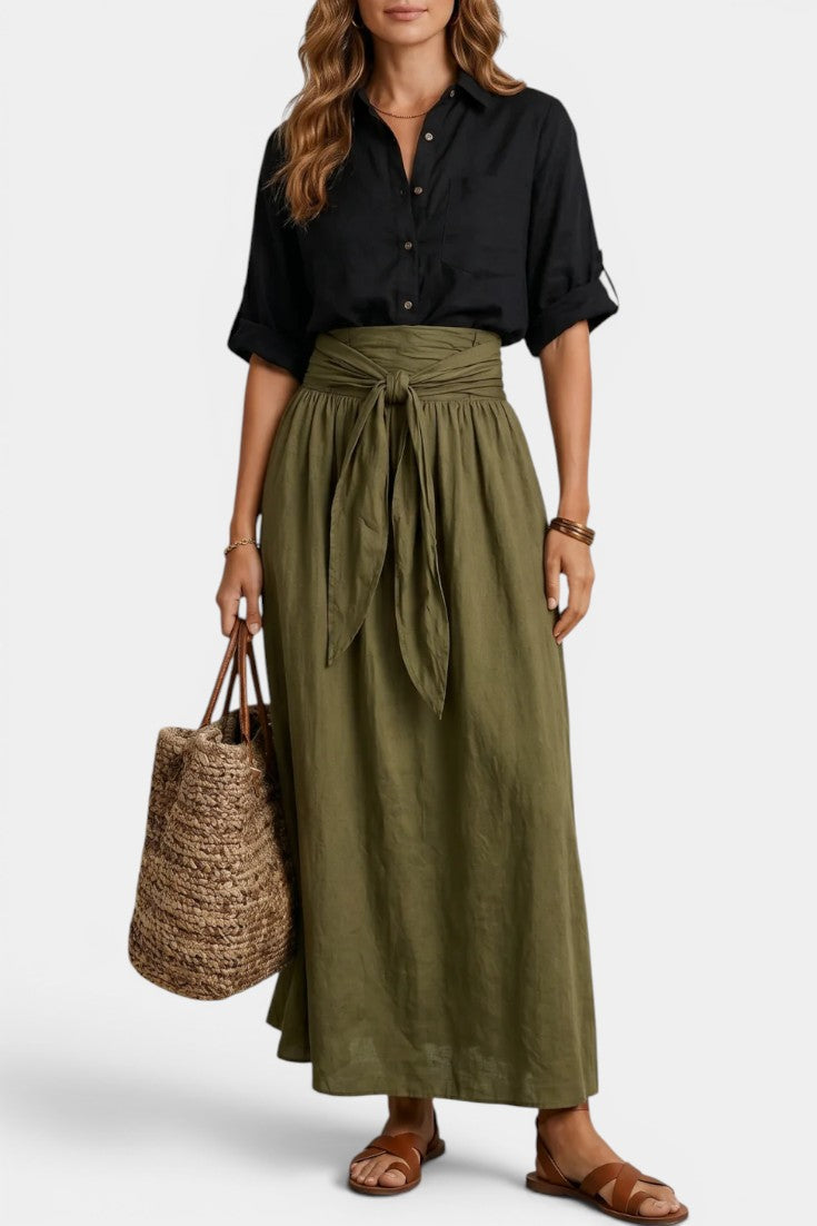Darya - High-Waisted Flared Midi Skirt with Tie Belt