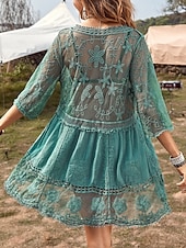 Women's Swimwear Cover Up Swim Dress Swimsuit Lace Vacation Beach Wear Solid Color V Neck Long Sleeve Bathing Suits