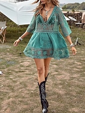 Women's Swimwear Cover Up Swim Dress Swimsuit Lace Vacation Beach Wear Solid Color V Neck Long Sleeve Bathing Suits