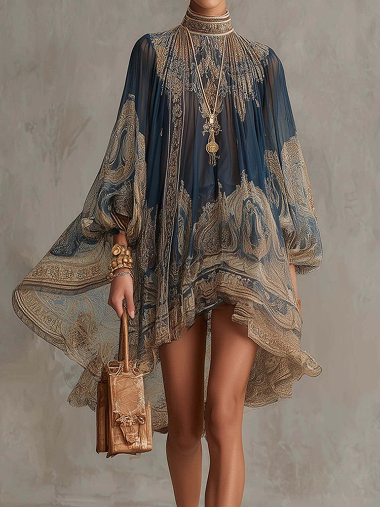 Elegant Print Long Sleeve Loose Mini Dress