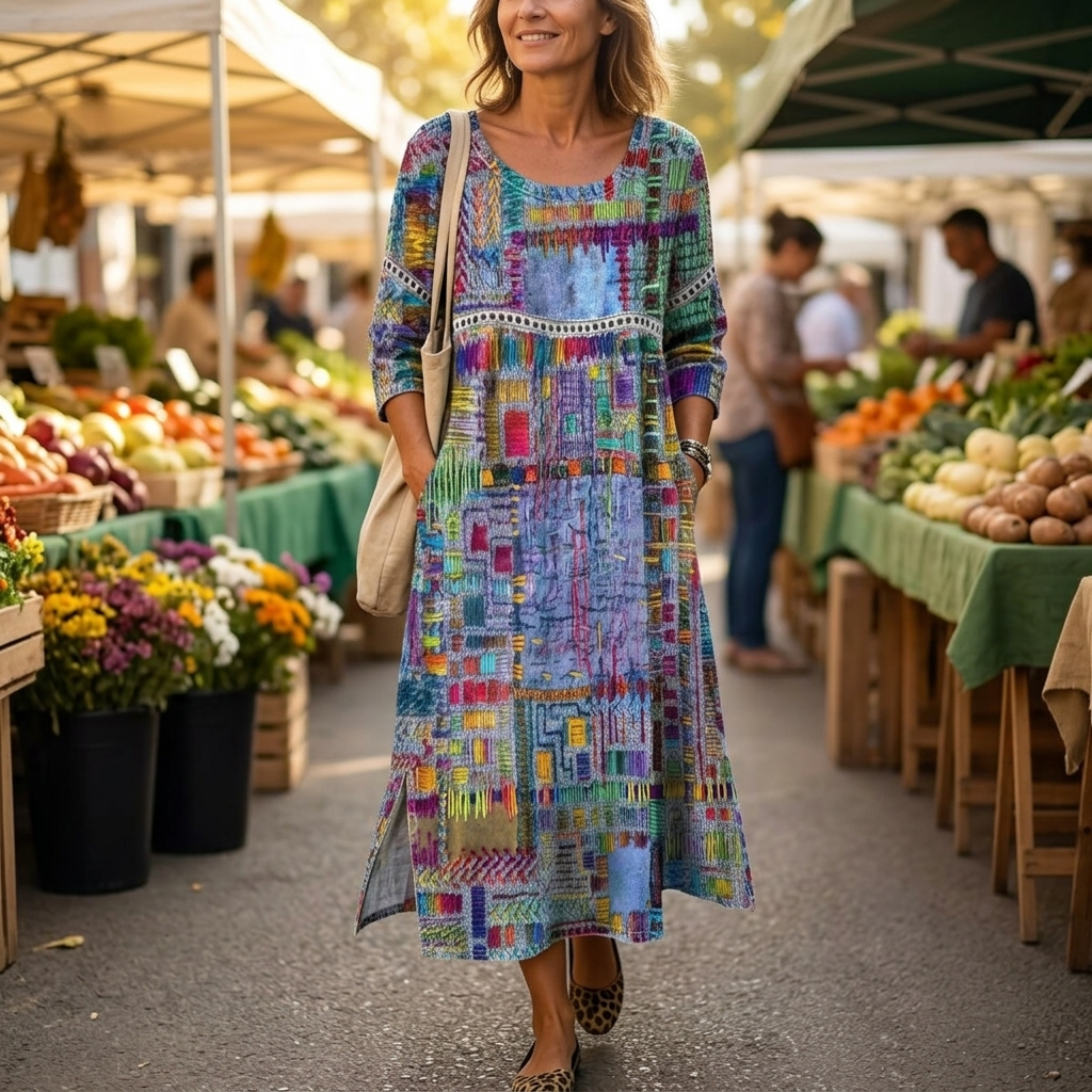 Tessara – Artisan Print Midi Dress with Pockets