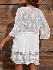 Women's Swimwear Cover Up Swim Dress Swimsuit Lace Vacation Beach Wear Solid Color V Neck Long Sleeve Bathing Suits