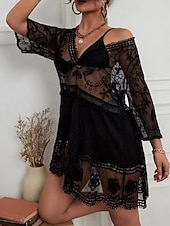 Women's Swimwear Cover Up Swim Dress Swimsuit Lace Vacation Beach Wear Solid Color V Neck Long Sleeve Bathing Suits