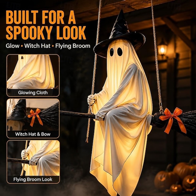 Glowing ghost decorations hanging from brooms, remote-controlled glowing witch ghosts, Halloween decorations, suitable for decorating porches, gardens, patios or indoors.