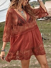 Women's Swimwear Cover Up Swim Dress Swimsuit Lace Vacation Beach Wear Solid Color V Neck Long Sleeve Bathing Suits