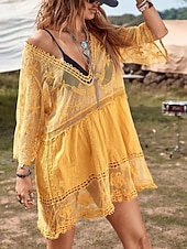 Women's Swimwear Cover Up Swim Dress Swimsuit Lace Vacation Beach Wear Solid Color V Neck Long Sleeve Bathing Suits