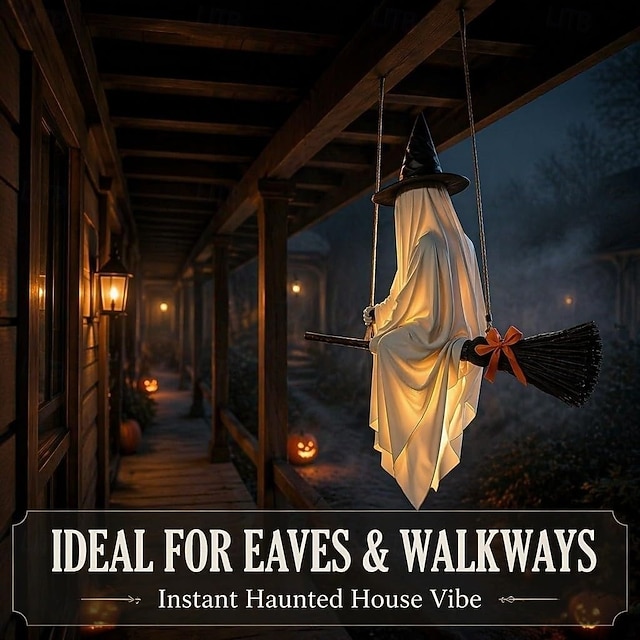 Glowing ghost decorations hanging from brooms, remote-controlled glowing witch ghosts, Halloween decorations, suitable for decorating porches, gardens, patios or indoors.