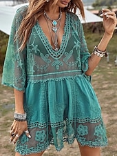 Women's Swimwear Cover Up Swim Dress Swimsuit Lace Vacation Beach Wear Solid Color V Neck Long Sleeve Bathing Suits