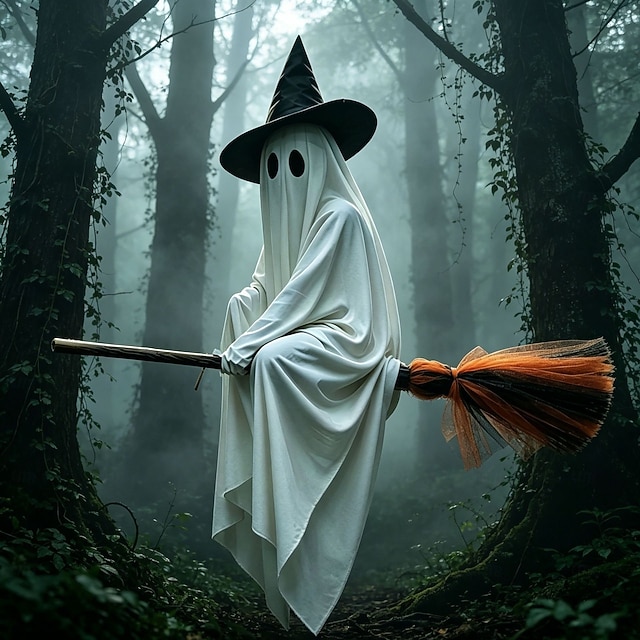 Glowing ghost decorations hanging from brooms, remote-controlled glowing witch ghosts, Halloween decorations, suitable for decorating porches, gardens, patios or indoors.