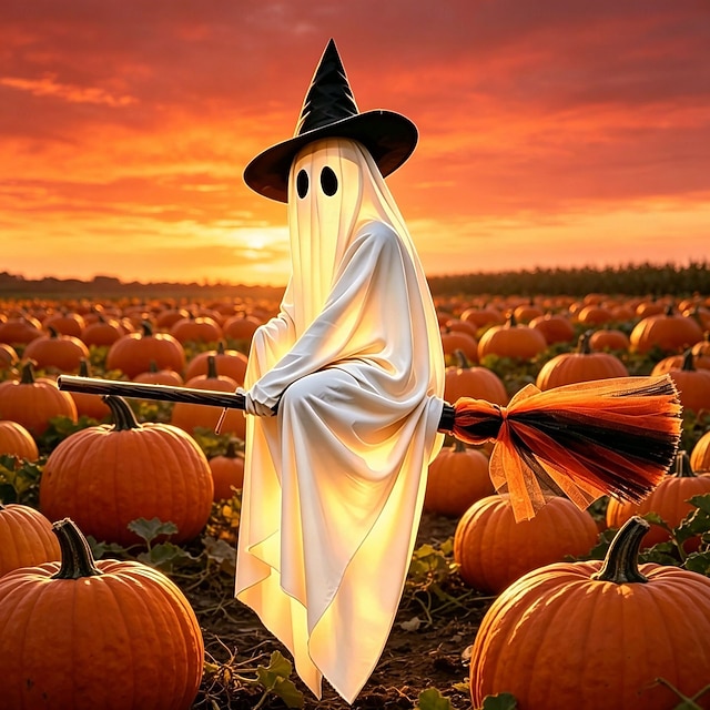 Glowing ghost decorations hanging from brooms, remote-controlled glowing witch ghosts, Halloween decorations, suitable for decorating porches, gardens, patios or indoors.