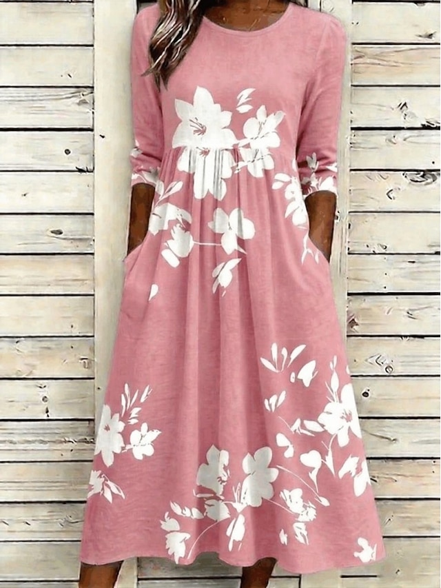 Women's Midi Dress Shift Dress Vacation Casual Boho Daily Summer Dress Spring Dress Regular Floral Graphic Short Sleeve Round Neck Blushing Pink Dark Pink Purple Summer Spring Fall Winter
