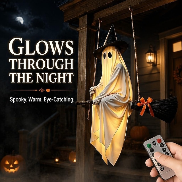 Glowing ghost decorations hanging from brooms, remote-controlled glowing witch ghosts, Halloween decorations, suitable for decorating porches, gardens, patios or indoors.