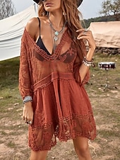 Women's Swimwear Cover Up Swim Dress Swimsuit Lace Vacation Beach Wear Solid Color V Neck Long Sleeve Bathing Suits