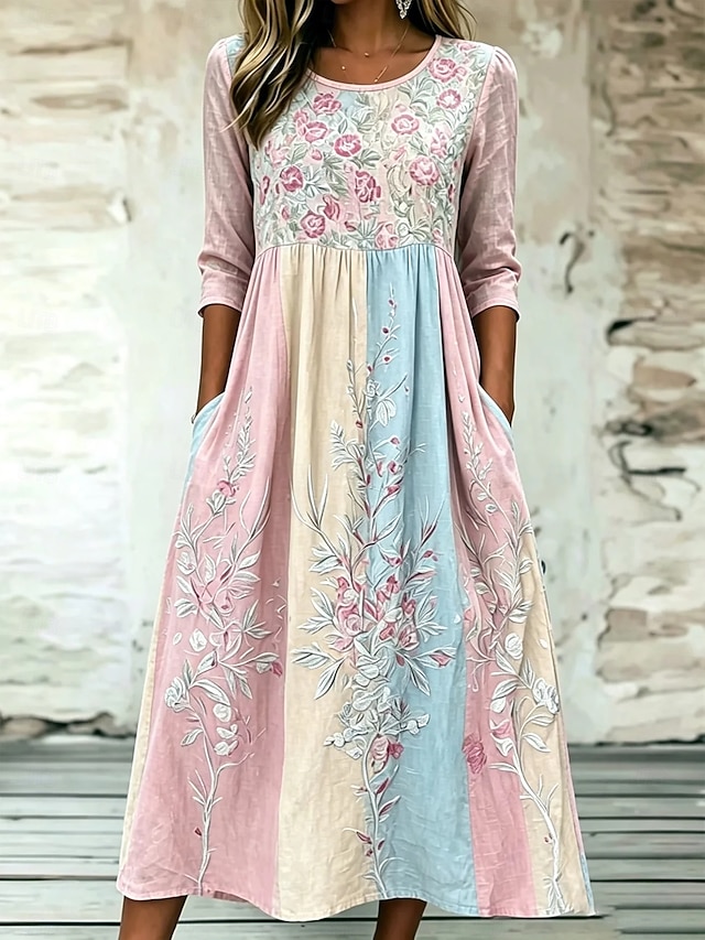 Women's Midi Dress Shift Dress Vacation Casual Boho Daily Summer Dress Spring Dress Regular Floral Graphic Short Sleeve Round Neck Blushing Pink Dark Pink Purple Summer Spring Fall Winter