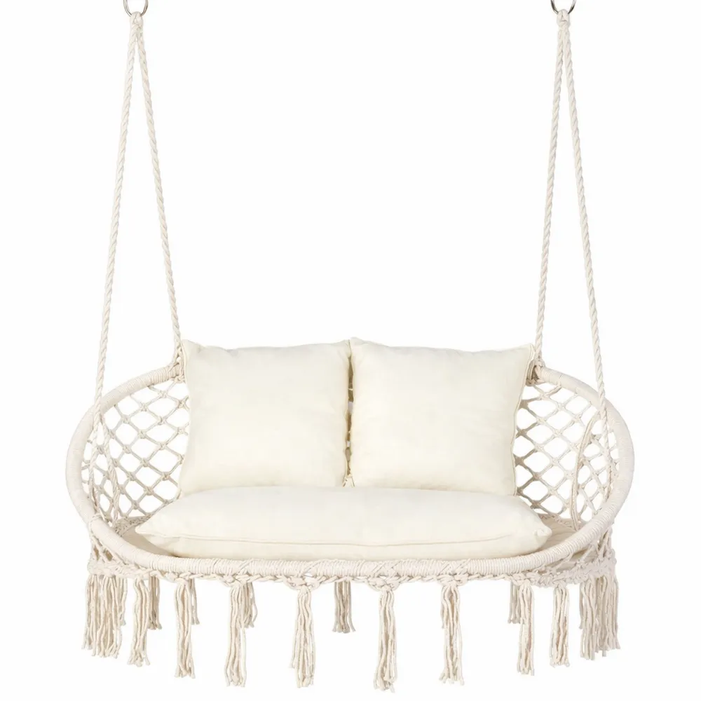 Chaise Hamac Double avec Coussins, Supporte jusqu'à 200 kg, Utilisation Intérieure et Extérieure, Style Bohème, Beige