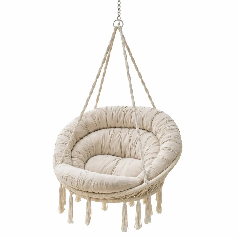 Chaise Suspendue en Coton avec Coussin, Capacité 150 kg, Macramé Bohème pour Intérieur et Extérieur, Beige