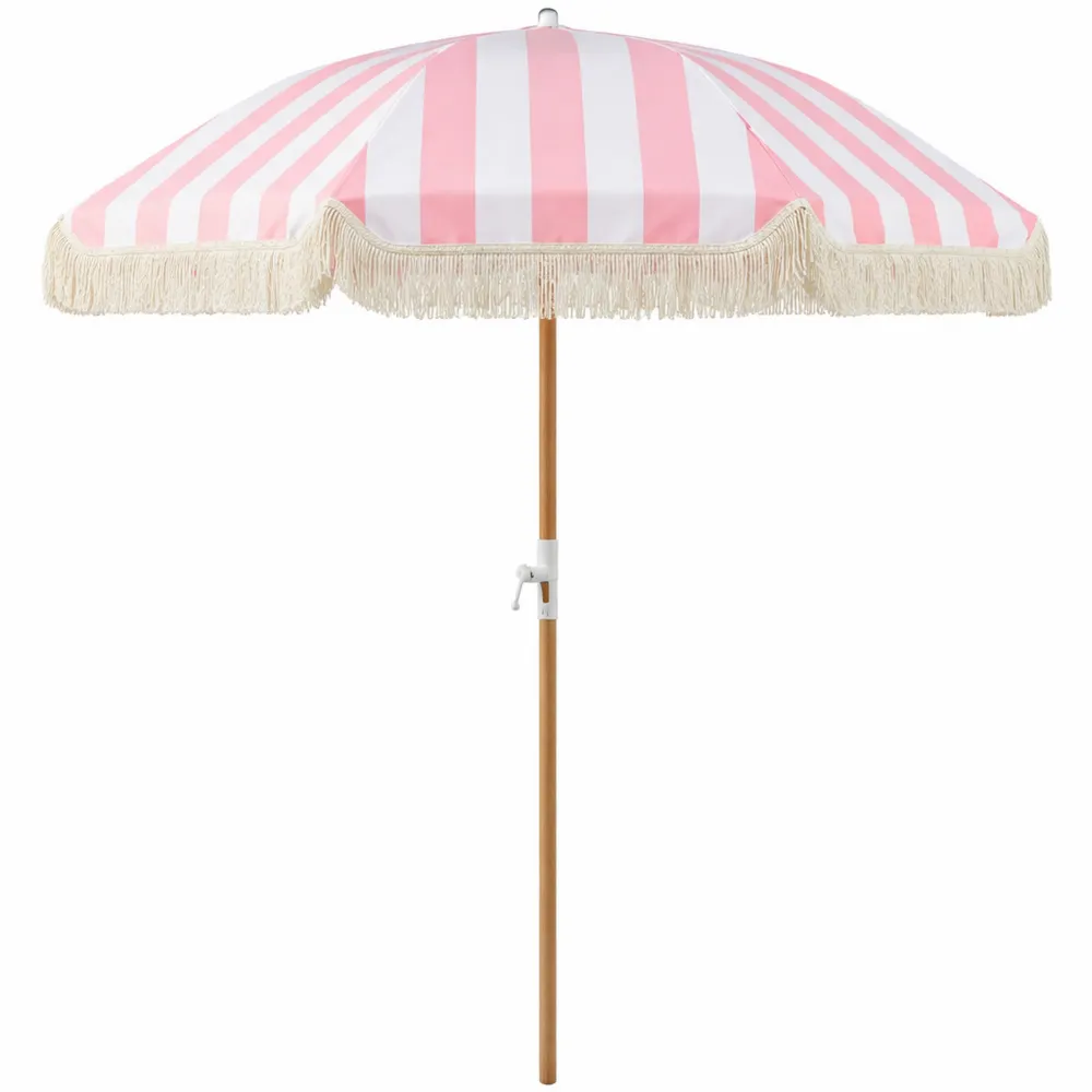 Parasol de Jardin Rétro ⌀ 150 cm en Bois avec Tissu Rayé Rose et Blanc
