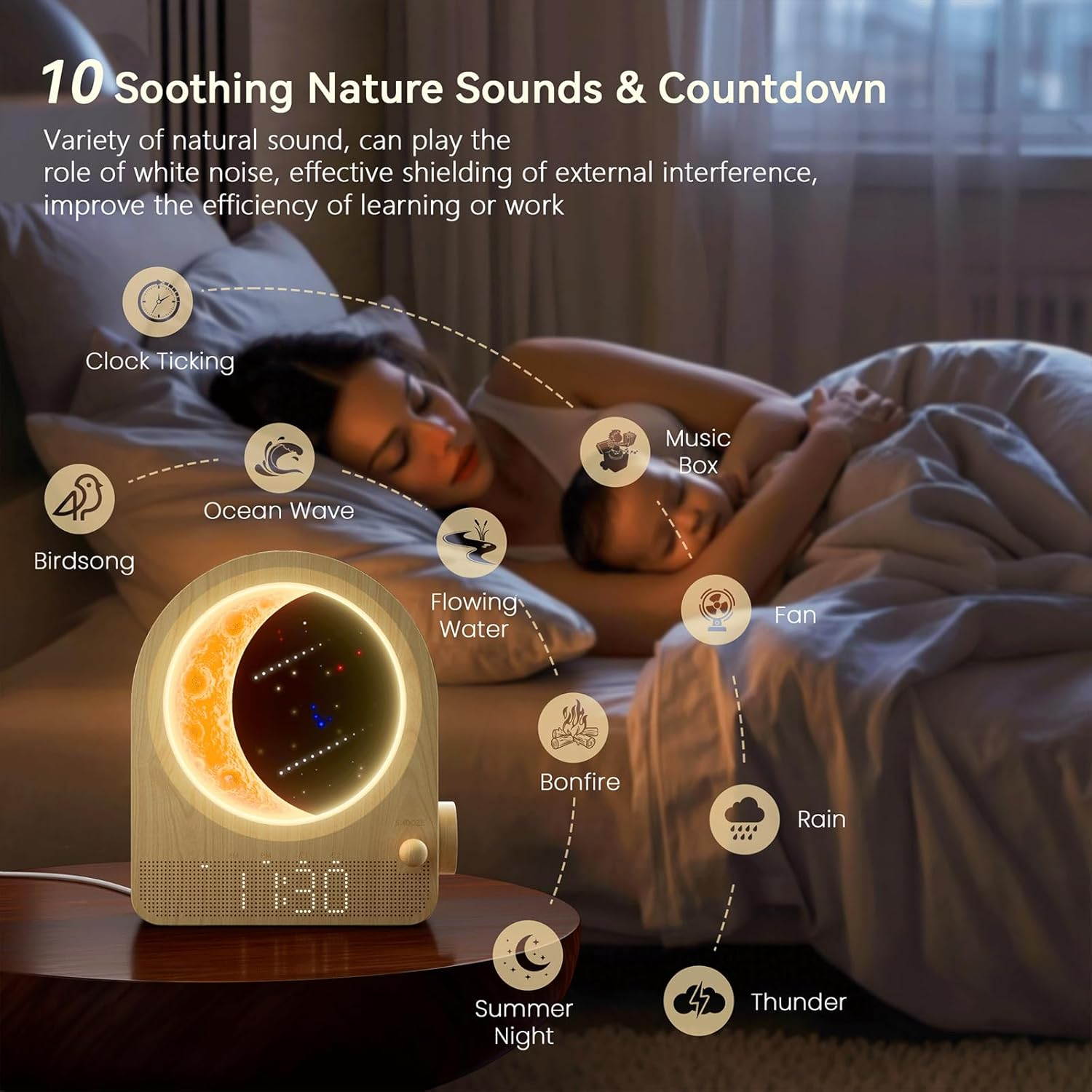 Bedroom Sunrise Alarm Clock — Stepless-Dimming Moon Lamp with Dual Alarms