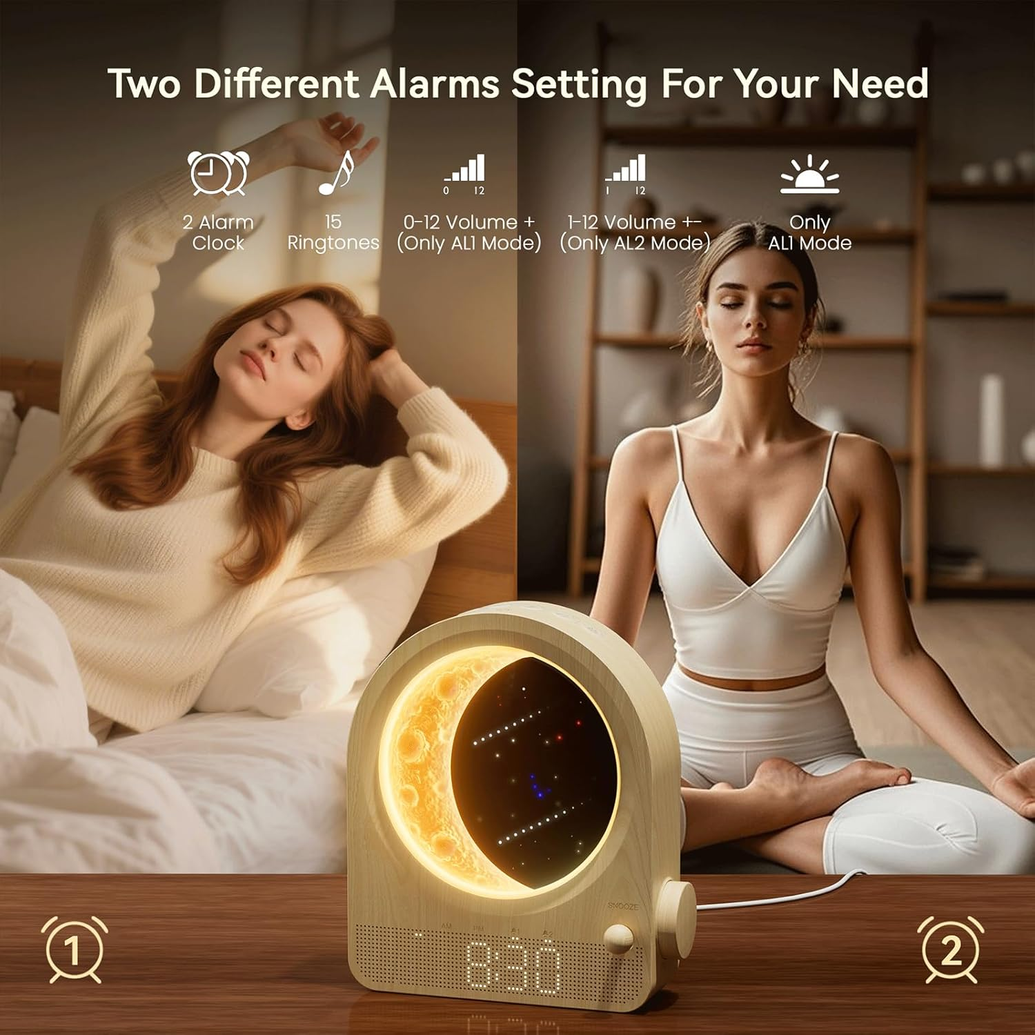Bedroom Sunrise Alarm Clock — Stepless-Dimming Moon Lamp with Dual Alarms