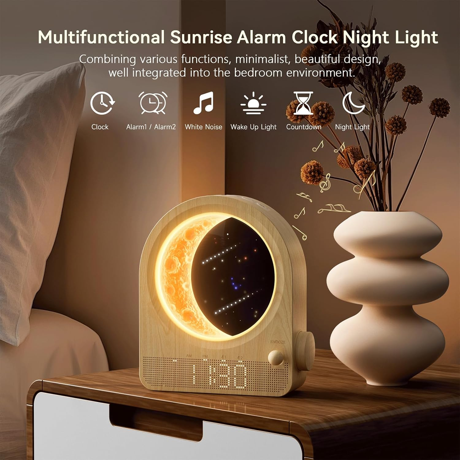 Bedroom Sunrise Alarm Clock — Stepless-Dimming Moon Lamp with Dual Alarms