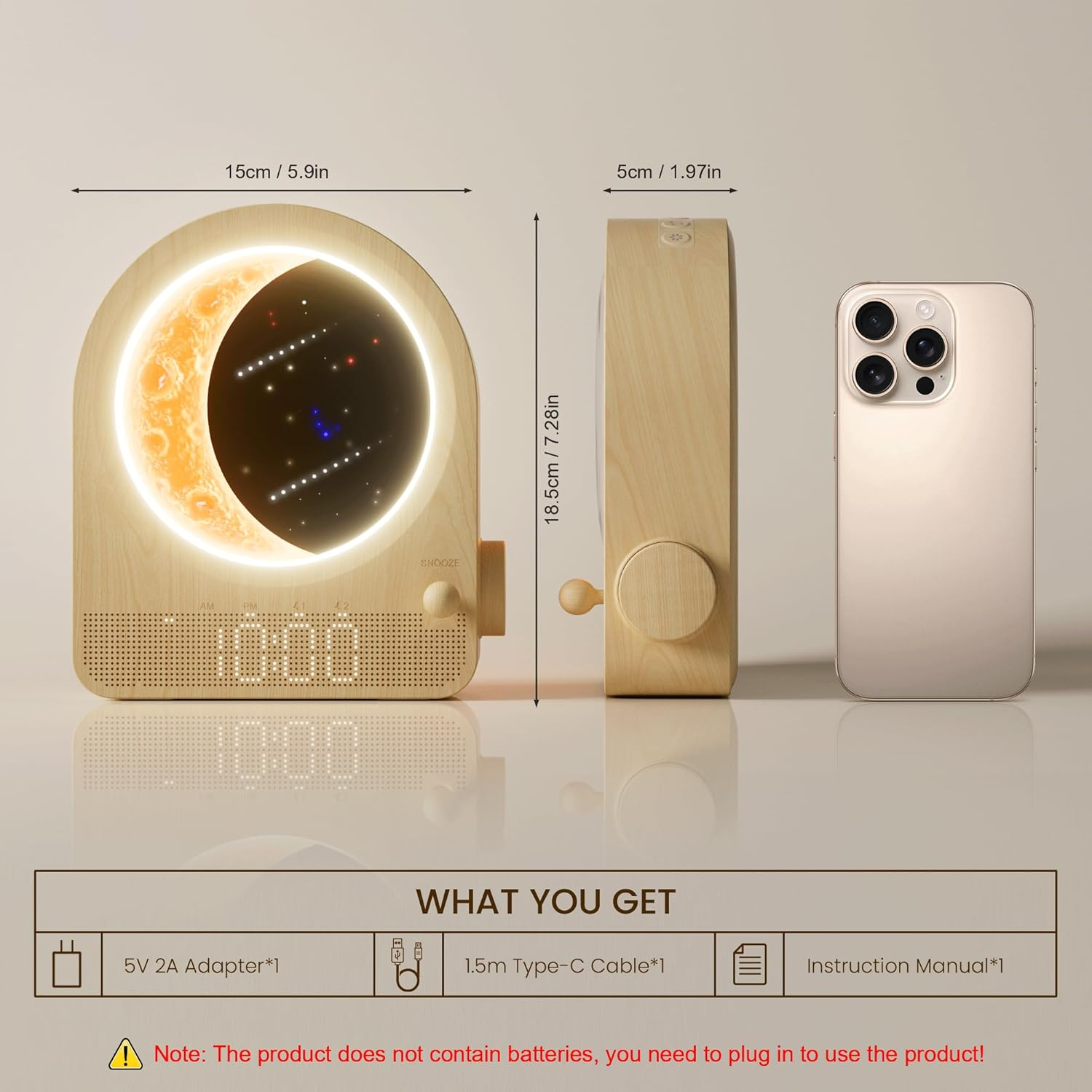 Bedroom Sunrise Alarm Clock — Stepless-Dimming Moon Lamp with Dual Alarms