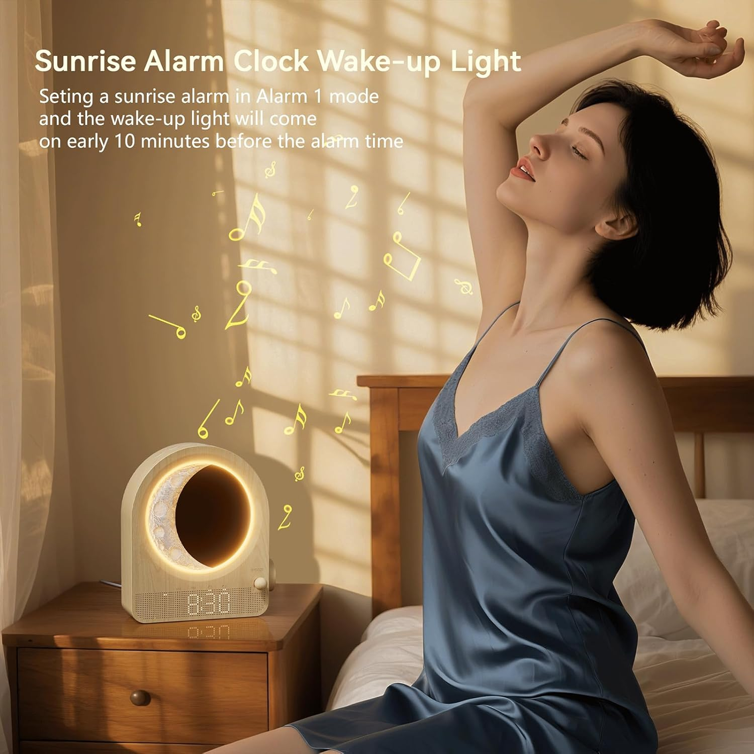 Bedroom Sunrise Alarm Clock — Stepless-Dimming Moon Lamp with Dual Alarms