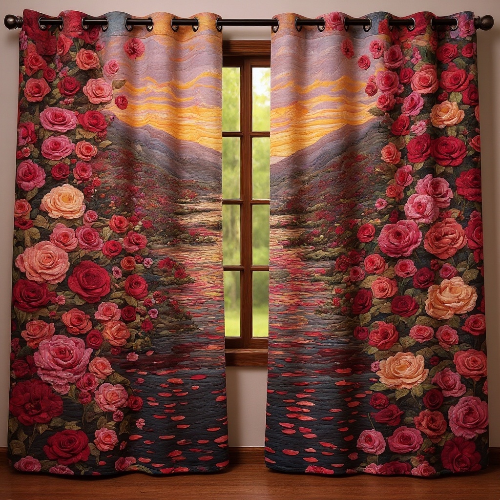 Sunset Rose Valley Landscape Embroidered Knitwear Quilted Curtains