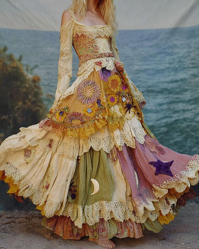 Seaside Irregular Floral Star And Moon Embroidered Lace Patchwork Ruffled Linen Dress  e8cf