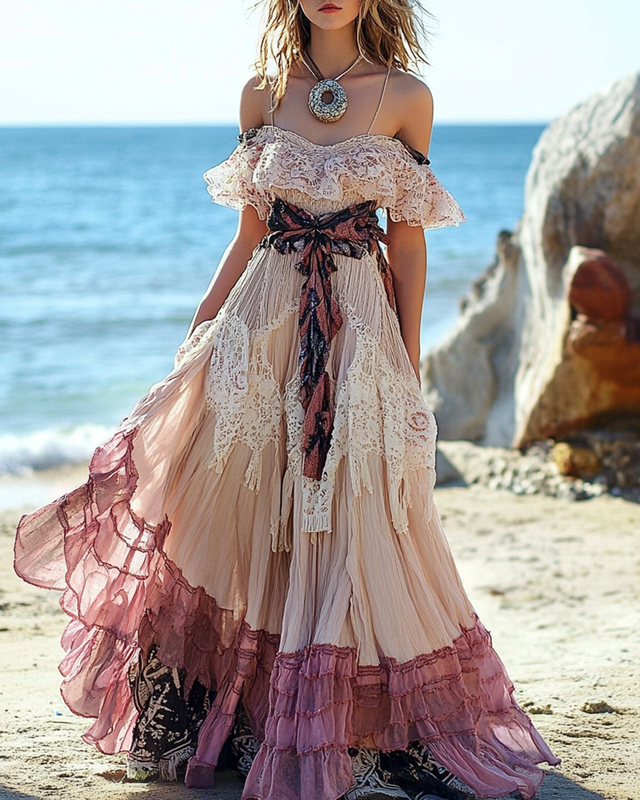 Summer Vacation Seaside Lace Patchwork Linen Dress d8f5