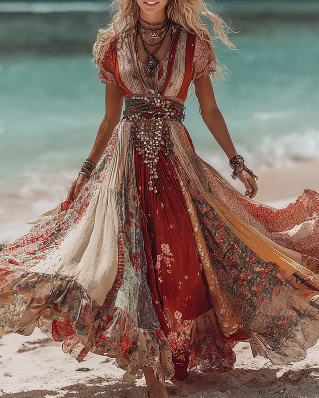 Summer Vacation Ombre Lace Turquoise Beaded Ethnic Patchwork Dress 1dfa