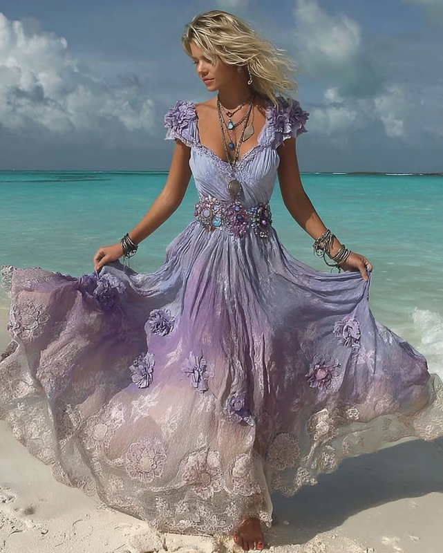 Summer Vacation Gradient Lace Beaded Floral Embroidered Dress cf71