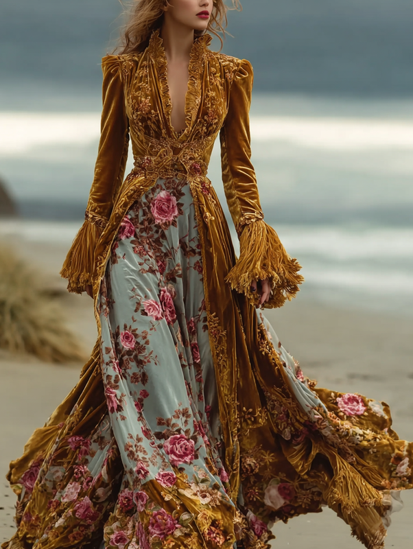 Autumn seaside long-sleeved contrasting retro dress 9cce