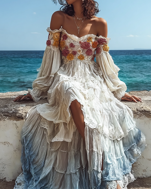 Summer Floral Embroidered Lace Patchwork Comfort Dress 45c3