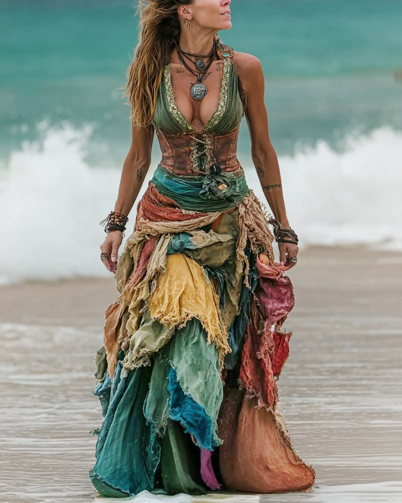 Elegant Seaside Irregular Color Block Patchwork Dress  e390