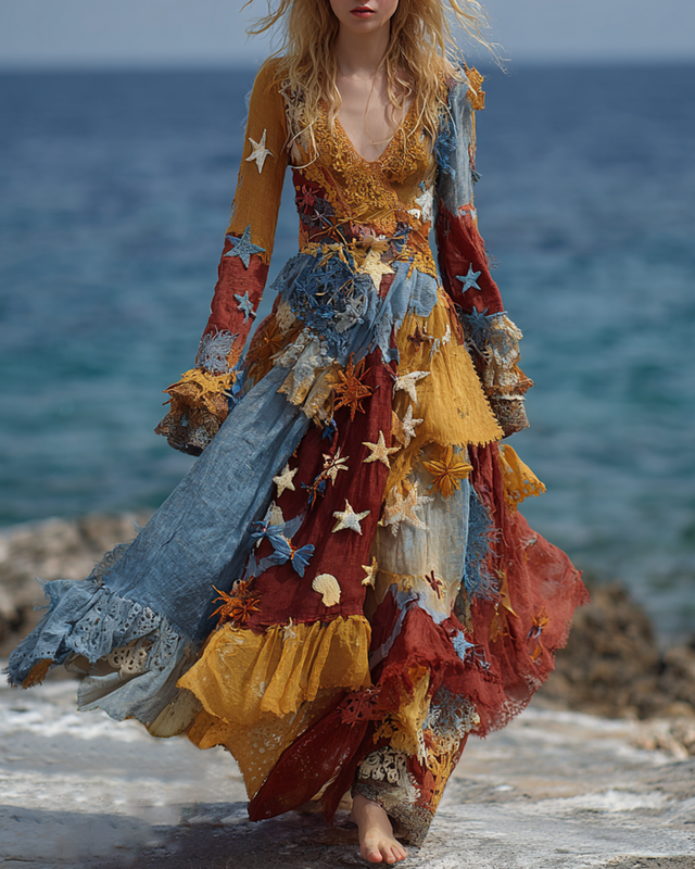 Seaside Irregular Contrast Color Star Embroidered Lace Patchwork Ruffled Dress  7246