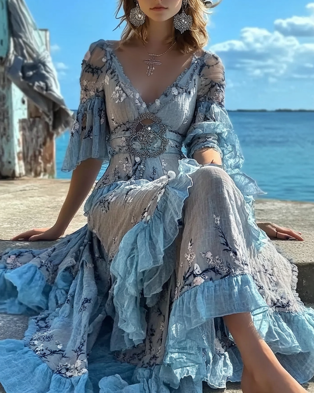 Summer Floral Embroidered Lace Patchwork Ruffle Dress  82de