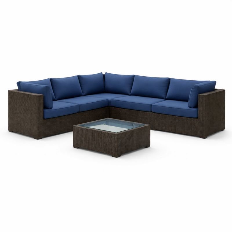 Ensemble de Salon de Jardin en Rotin Synthetic Marron avec Coussins en Polyester Bleus et Table Basse en Verre Trempé