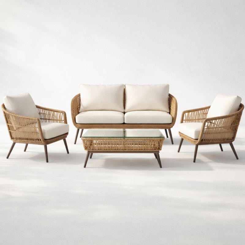 Salon de jardin en rotin synthétique coussins blanc canapé 2 places avec fauteuils et table en verre trempé