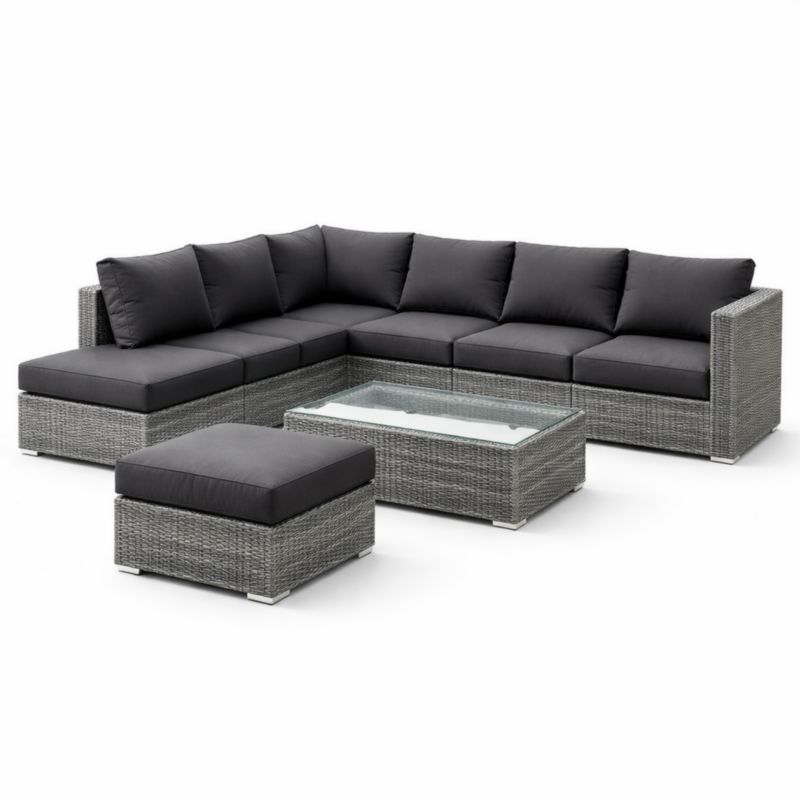 Ensemble Canapé d'Angle en Résine Tressée avec Table Basse en Verre-Furnihavenly