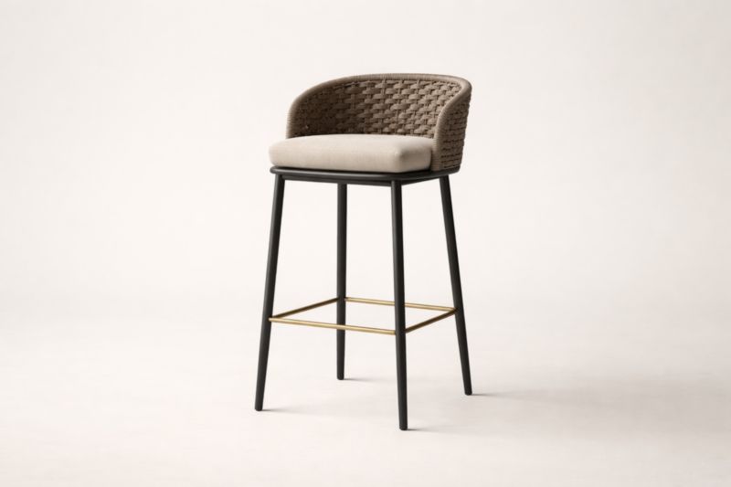 Chaise de bar en Acier avec dossier tressé marron et assise beige, 105x50x55 cm-Furnihavenly