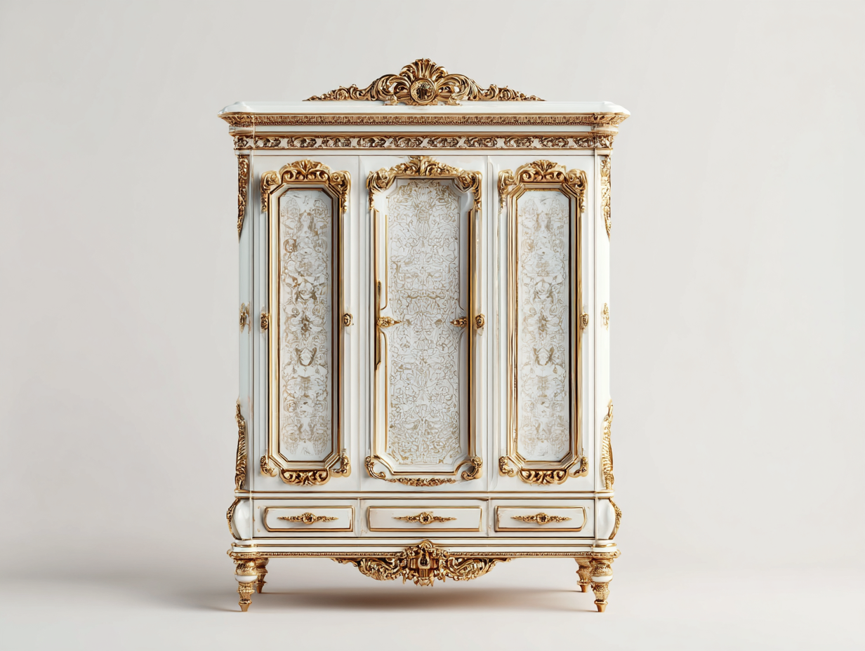 Armario de tres puertas con cajones 190x60x220 cm - blanco y dorado - diseño clásico para dormitorio-Havenmyyard