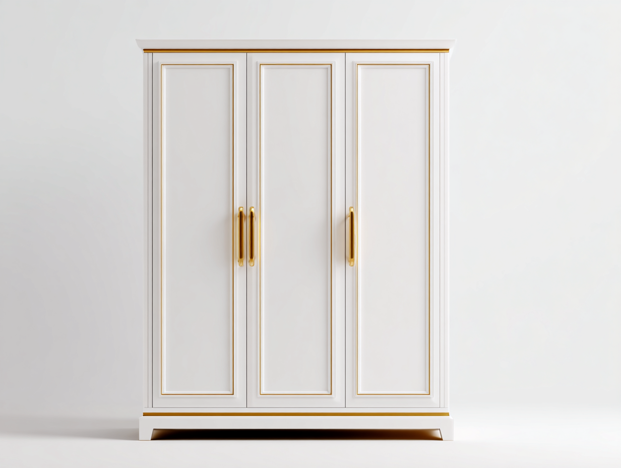 Armario de tres puertas blanco con detalles dorados 135x60x200 cm - Diseño elegante-Havenmyyard