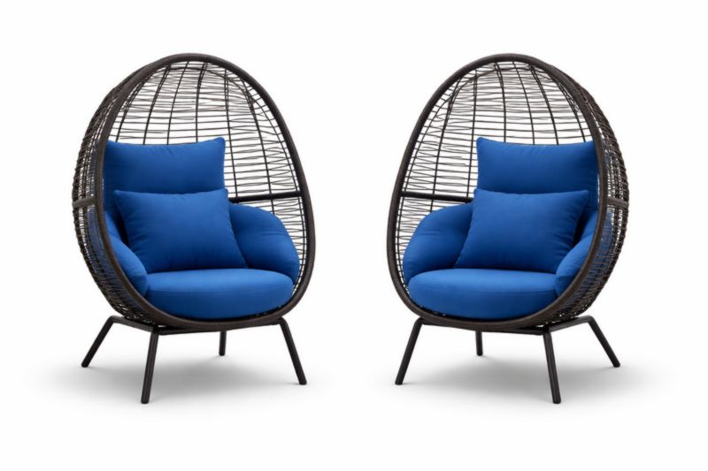 Fauteuils Œuf en Résine Tressée avec Coussin Bleu, Lot de 2