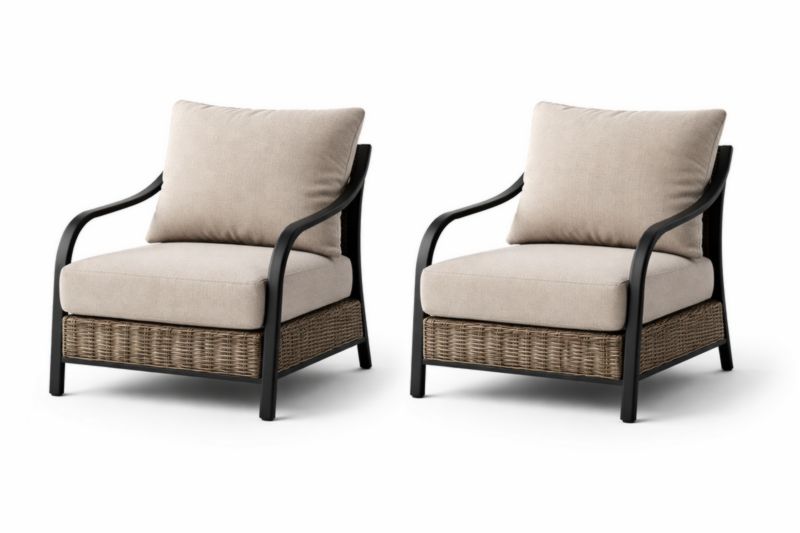 Lot de 2 fauteuils d'extérieur en métal noir et résine tressée avec coussins en tissu