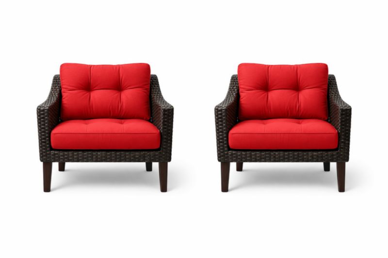 Ensemble de 2 Fauteuils en Rotin Marron avec Coussins Rouges
