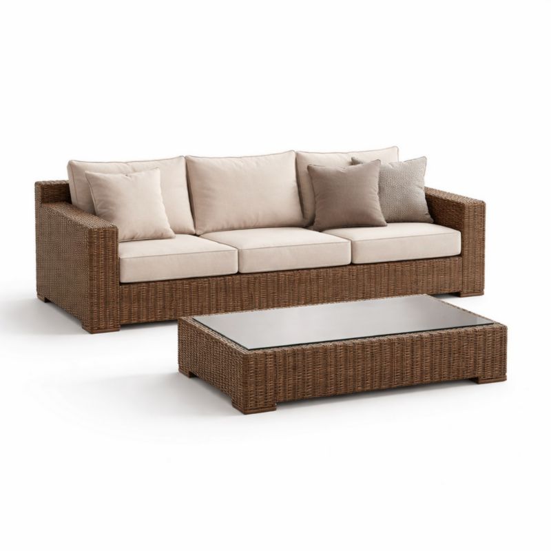 Canapé trois places en résine tressée avec table basse en verre trempé