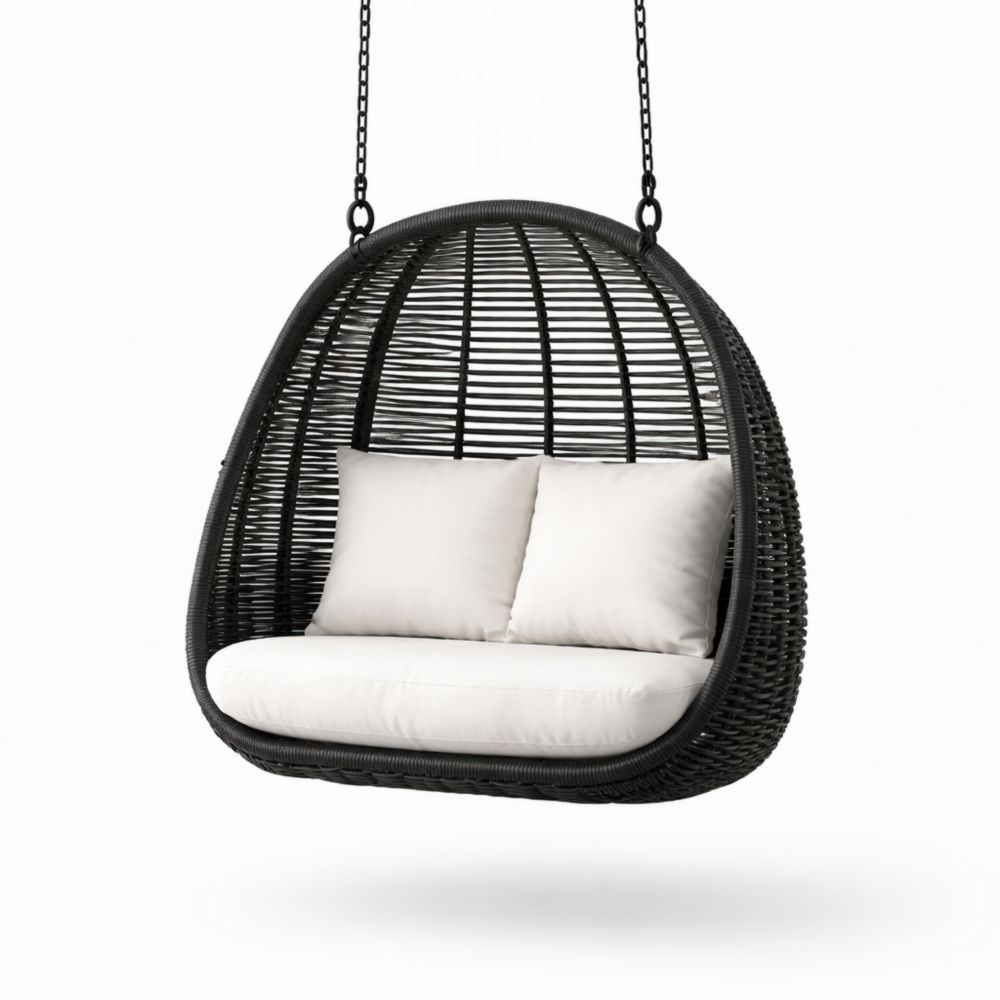Fauteuil suspendu rotin synthétique Noir avec coussins Blancs