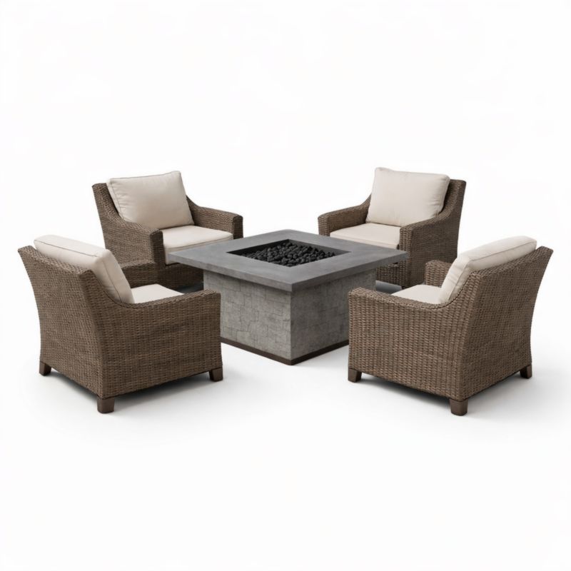 Ensemble Salon de Jardin en Rotin Synthétique avec Table à Feu en Béton