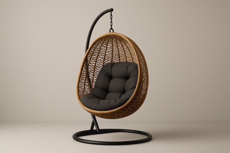 Fauteuil suspendu en rotin avec coussins en polyester et support en acier